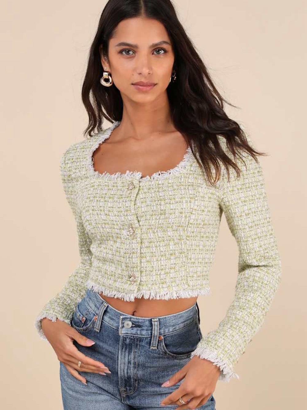 NWT Lulus Tweed Crop Jacket Sage Green Floral Buttons XL